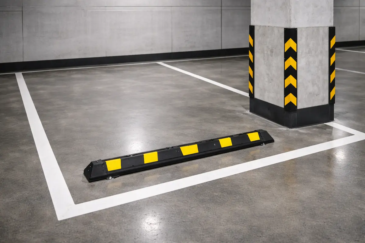 تجهیزات ایمنی پارکینگ شامل استوپر و محافظ ستون در کنار خط کشی استاندارد