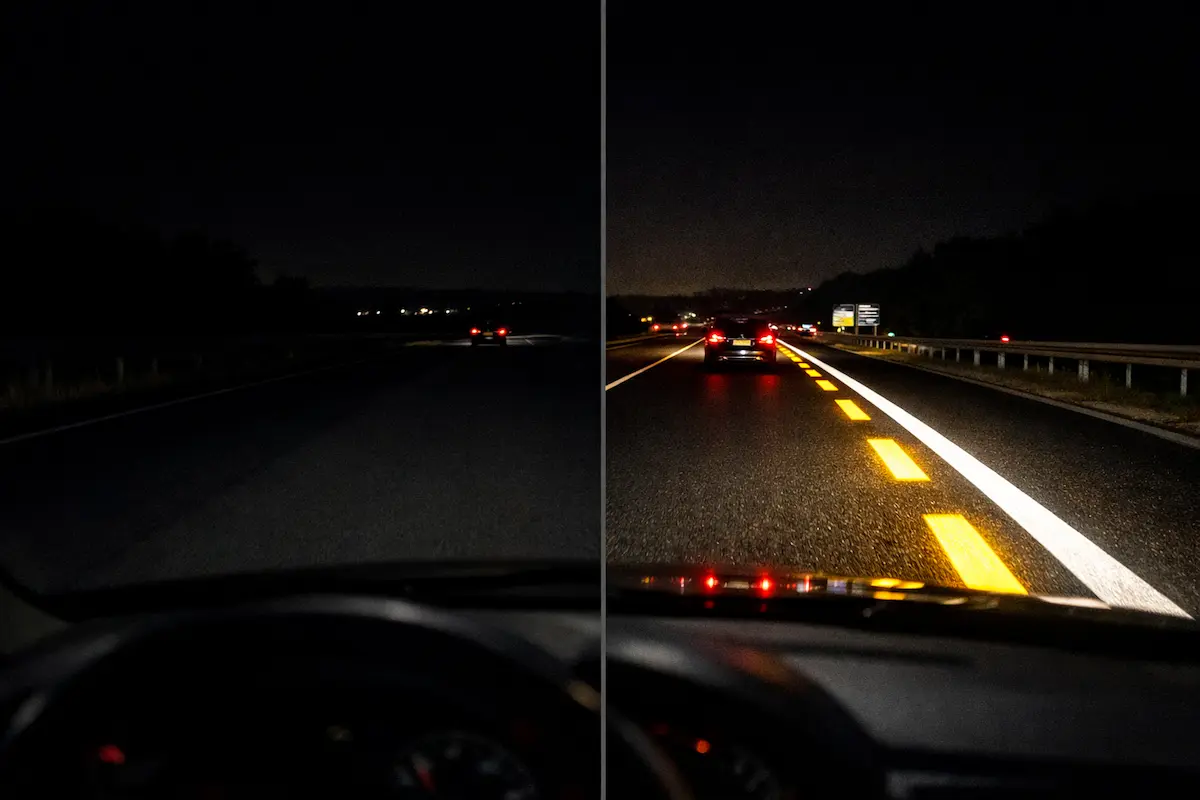 تاثیر گلس بید و دانه شیشه‌ای در بازتاب نور خط کشی جاده در شب