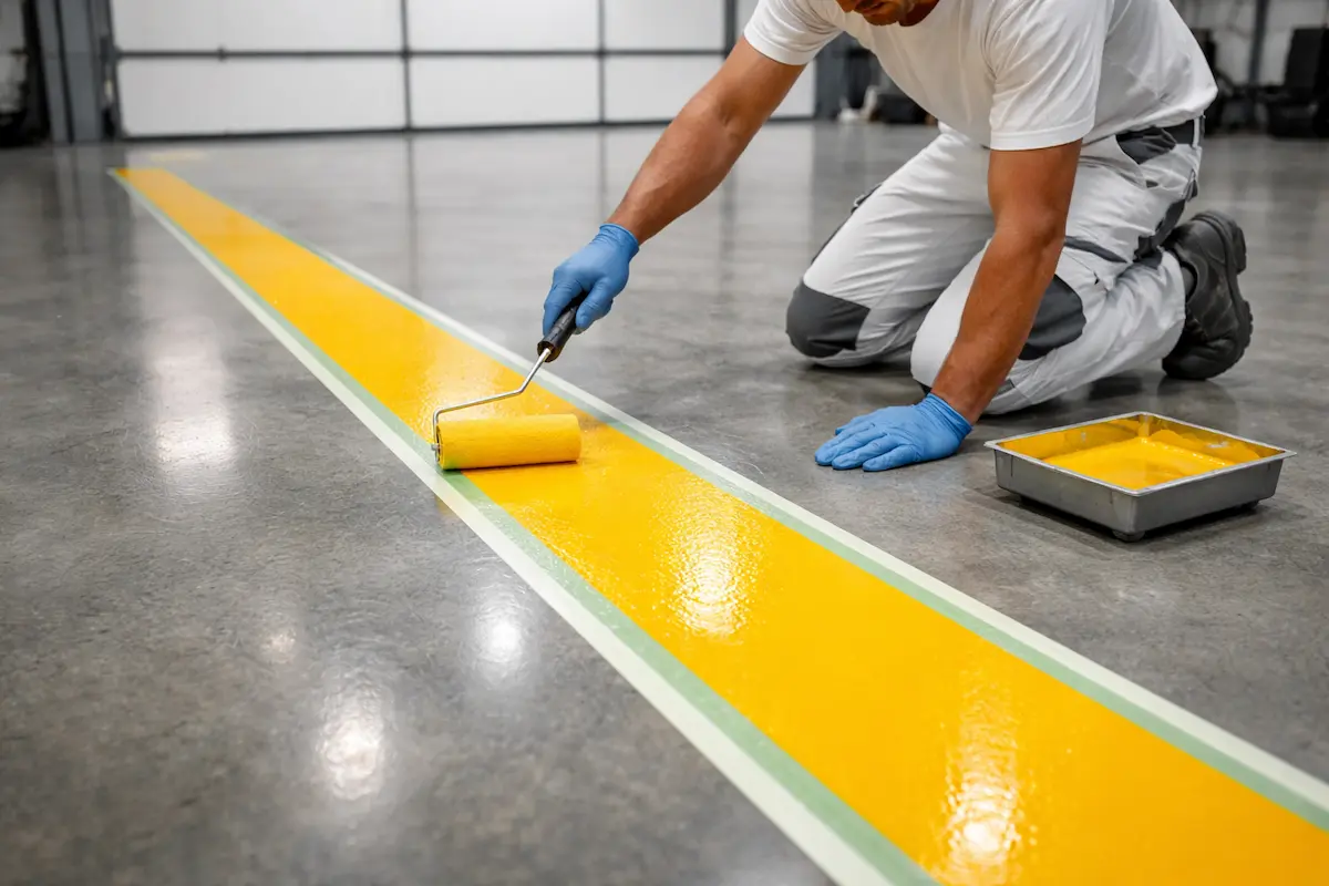 اجرای رنگ ترافیکی دوجزئی روی کف بتنی پارکینگ طبقاتی